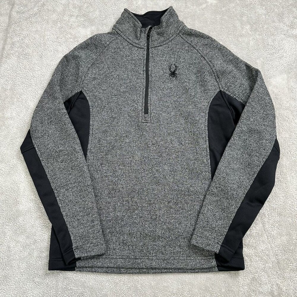 Spyder Men's Pull Over 1/4 Zip Long Sleeve Sweater Size M Gray Black Mock Neck